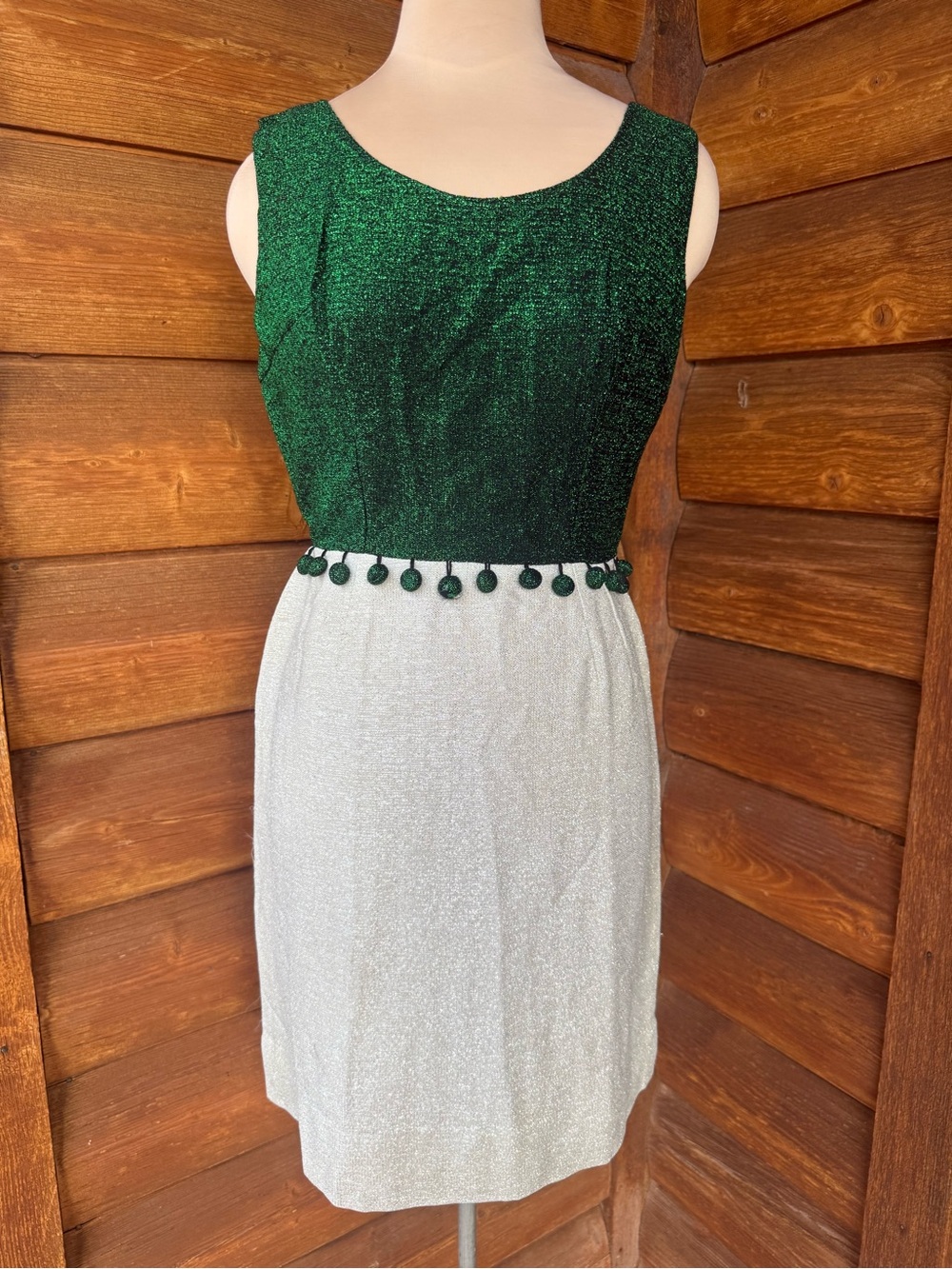 Vintage 1960’s Sparkling Green and Silver Two-Tone Dress with Pom Trim
